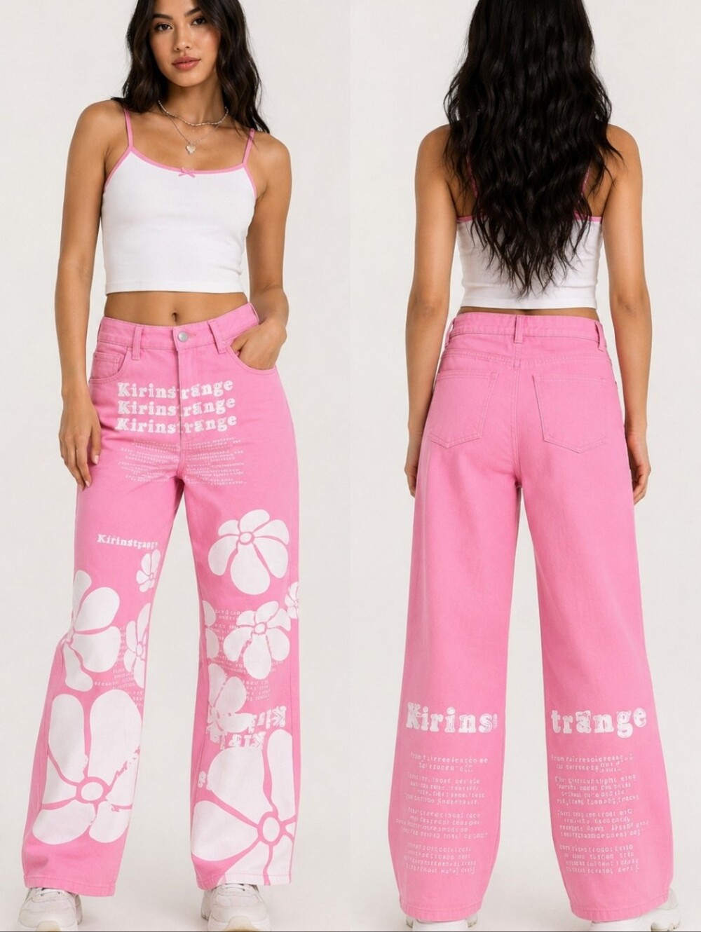 Kirinstrange Pink Graphic Wide Leg Jeans NWT Kids XL Fits Women's Small
